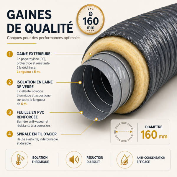 160MM Lot 9 Gaines Souples Isolées Ø160 mm – 6 m | ONLYDUCT VMC Simple & Double Flux