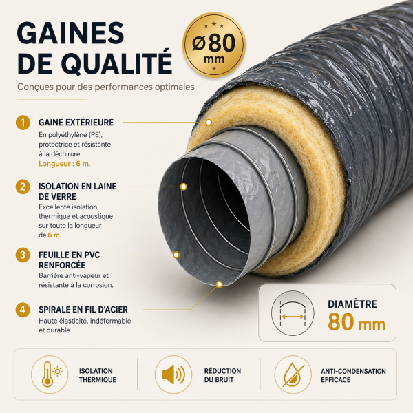 Gaine Souple Isolée Ø80 mm – 6 m | VMC Double Flux et Simple Flux