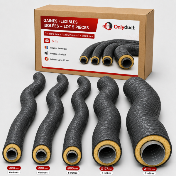 KIT MAISON 5 GAINES Gaines Flexibles Isolées ONLYDUCT - Lot de 5 pièces | 3× Ø80 + Ø127 + Ø160 mm × 6 m