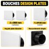 Bouches d'extraction design carrées plates : 2 × Ø80 mm pour les sanitaires et 1 × Ø125 mm pour la cuisine