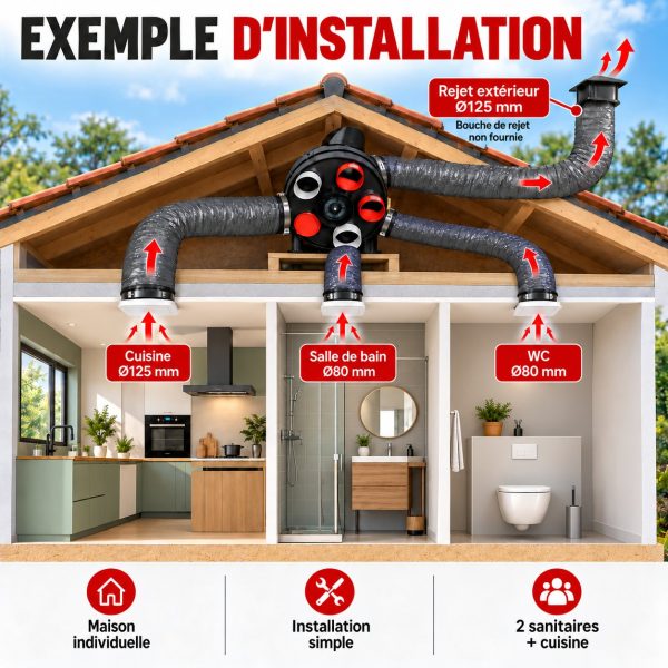 Exemple d'installation du kit VMC PENTA 4 gaines en combles : cuisine Ø125, salle de bain et WC Ø80, rejet extérieur Ø125
