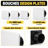 Bouches d'extraction design carrées plates : 3 × Ø80 mm pour les sanitaires et 1 × Ø125 mm pour la cuisine